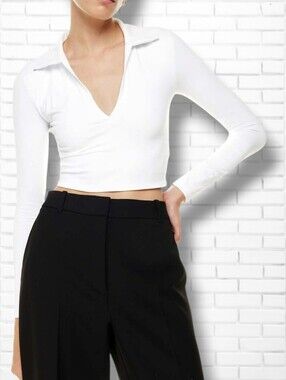 Aritzia Babaton White Contour Polo Collared Long Sleeve Crop Top Size S
